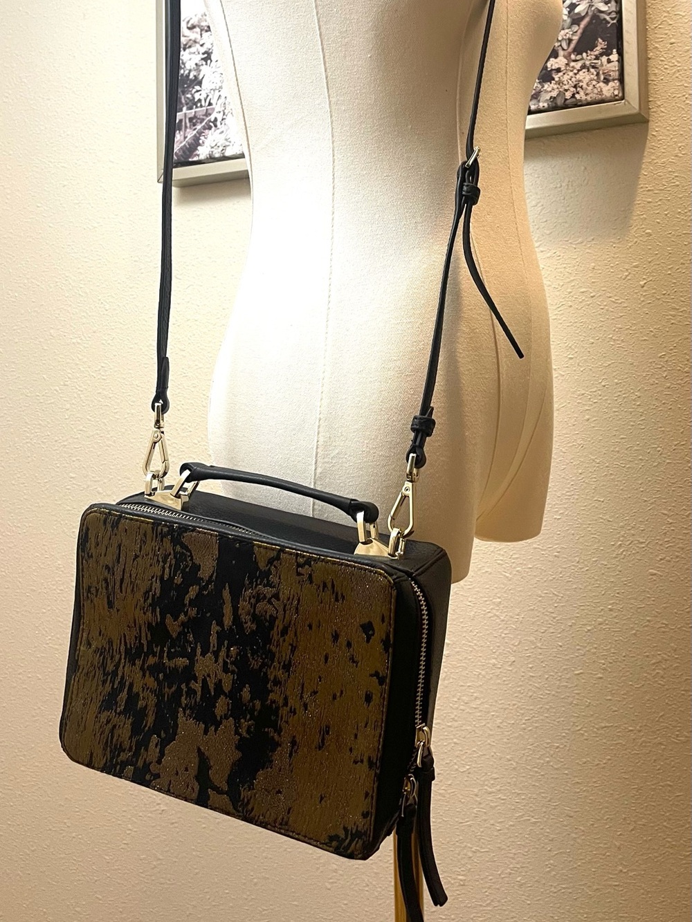 Vince Camuto Metallic Gold & Black Leather Camera Crossbody Bag with Dust Bag